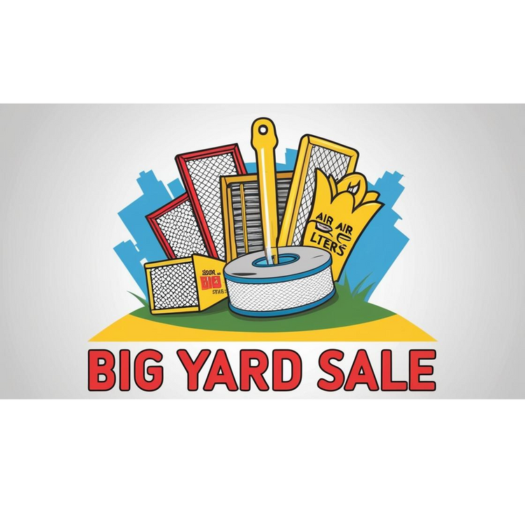 Big Yard Sale LLC logo with a colorful shopping cart design and @buyfilterstore social handle. Bright text in yellow, blue, and orange on a light circular background.