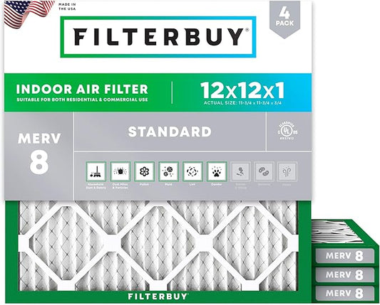 Filterbuy 12x12x1 Air Filter MERV 8 Dust Defense (4-Pack), Pleated HVAC AC Furnace Air Filters Replacement (Actual Size: 11.75 x 11.75 x 0.75 Inches)