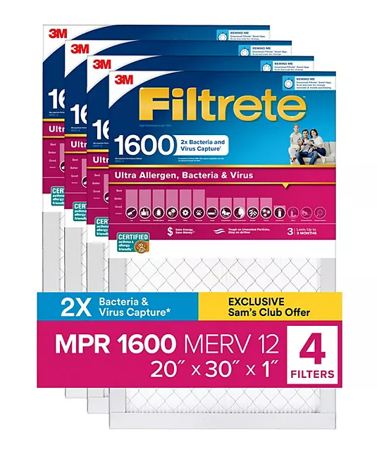 30x20x1 Filtrete Ultra Allergen Bacteria and Virus 1600 MPR, MERV 12 (4 Pack)