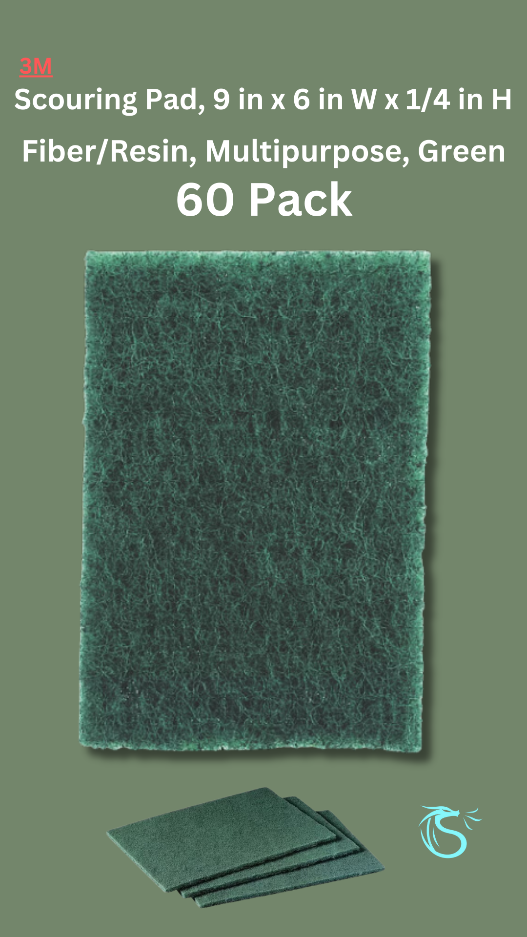 Scouring Pad, 9 in x 6 in W x 1/4 in H, Fiber/Resin, Multipurpose, Green