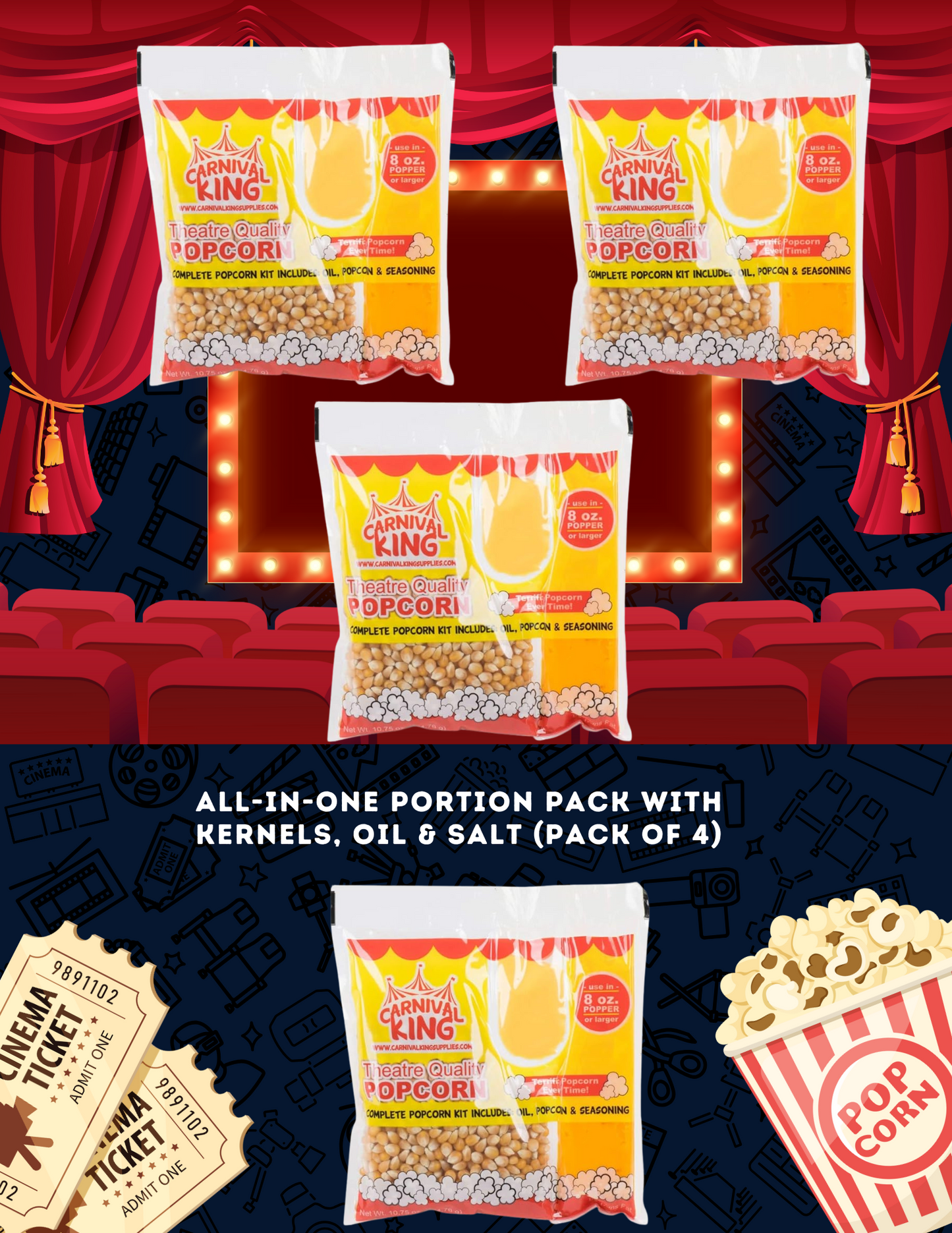 Home Theater Popcorn Kit - All-in-One Portion Pack with Kernels, Oil & Salt (Pack of 4)